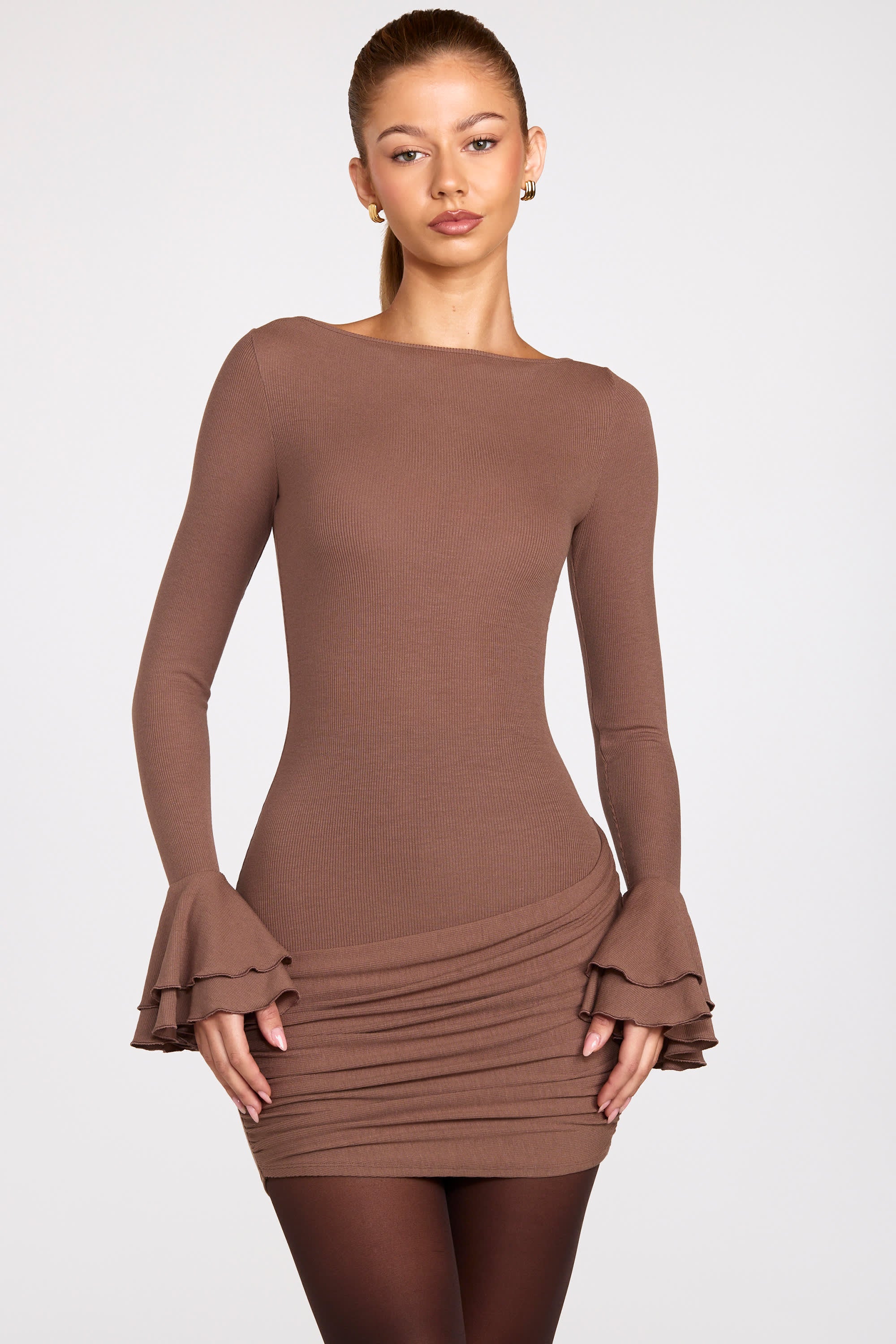 Oh Polly Helena robe mini marron manches longues