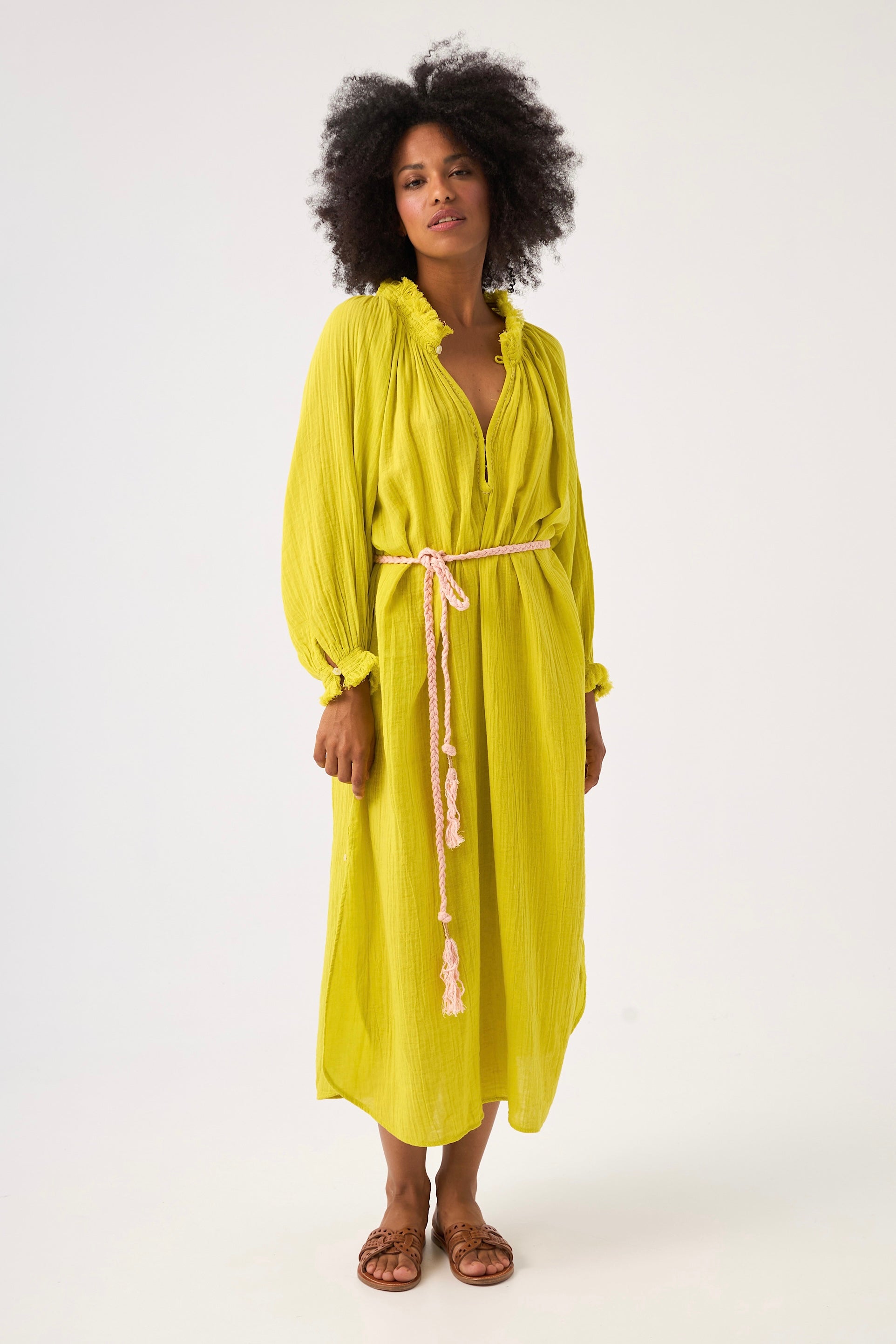 CHICOSOLEIL Marigold robe longue jaune gaze de coton poches