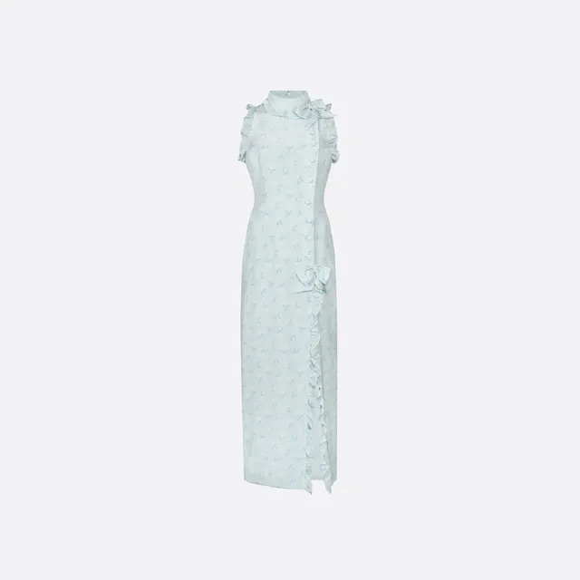 Alessandra Rich Robe midi soie col montant bleu clair