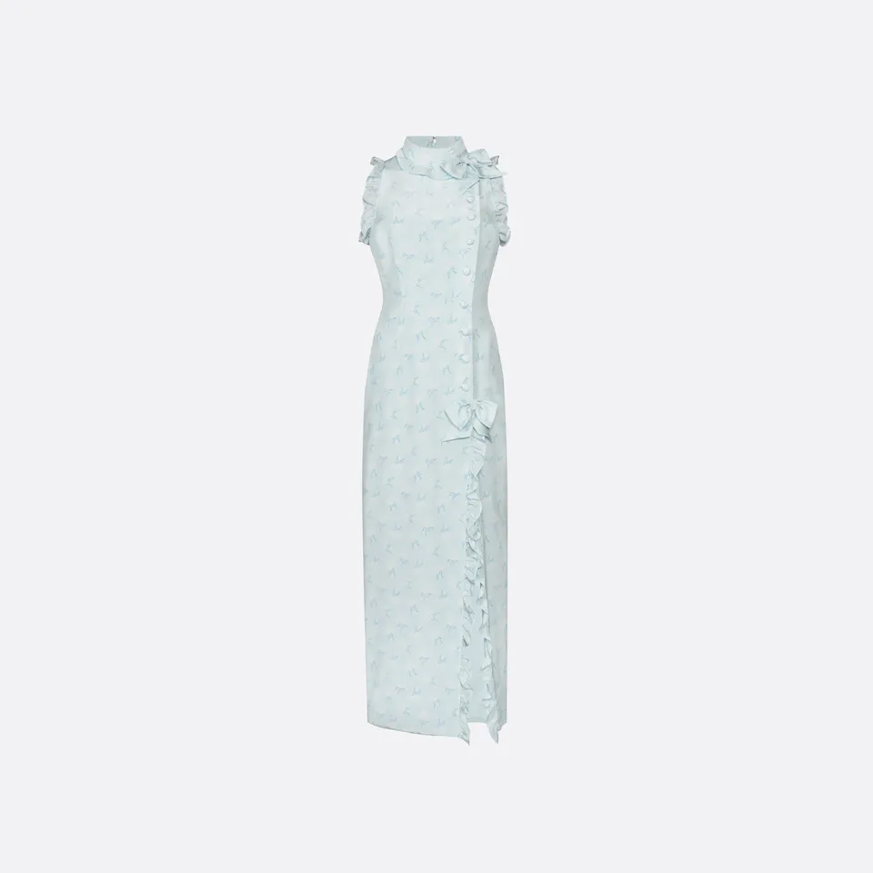 Alessandra Rich Robe midi soie col montant bleu clair