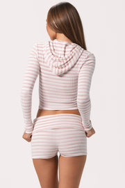 Oh Polly sweat capuche court rose rayé zippé