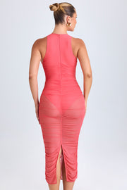 Oh Polly Safira Robe Midaxi Plongeante Corail Ruchée Mesh