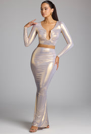 Oh Polly Zahra jupe longue maxi dorée jersey métallique