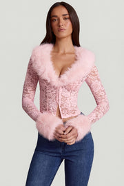 Oh Polly Noemy Sheer Lace Cardigan dentelle rose col fourrure court
