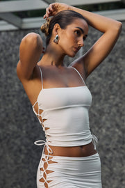 Oh Polly Emerson Top Blanc Ruché Col Carré Lacets