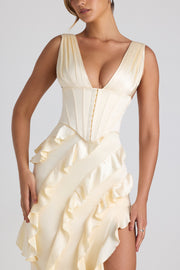 Oh Polly Ambrosia robe maxi ivoire satin corset fente