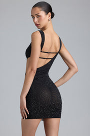 Oh Polly Embellished 8358 mini robe noire strass dos nu