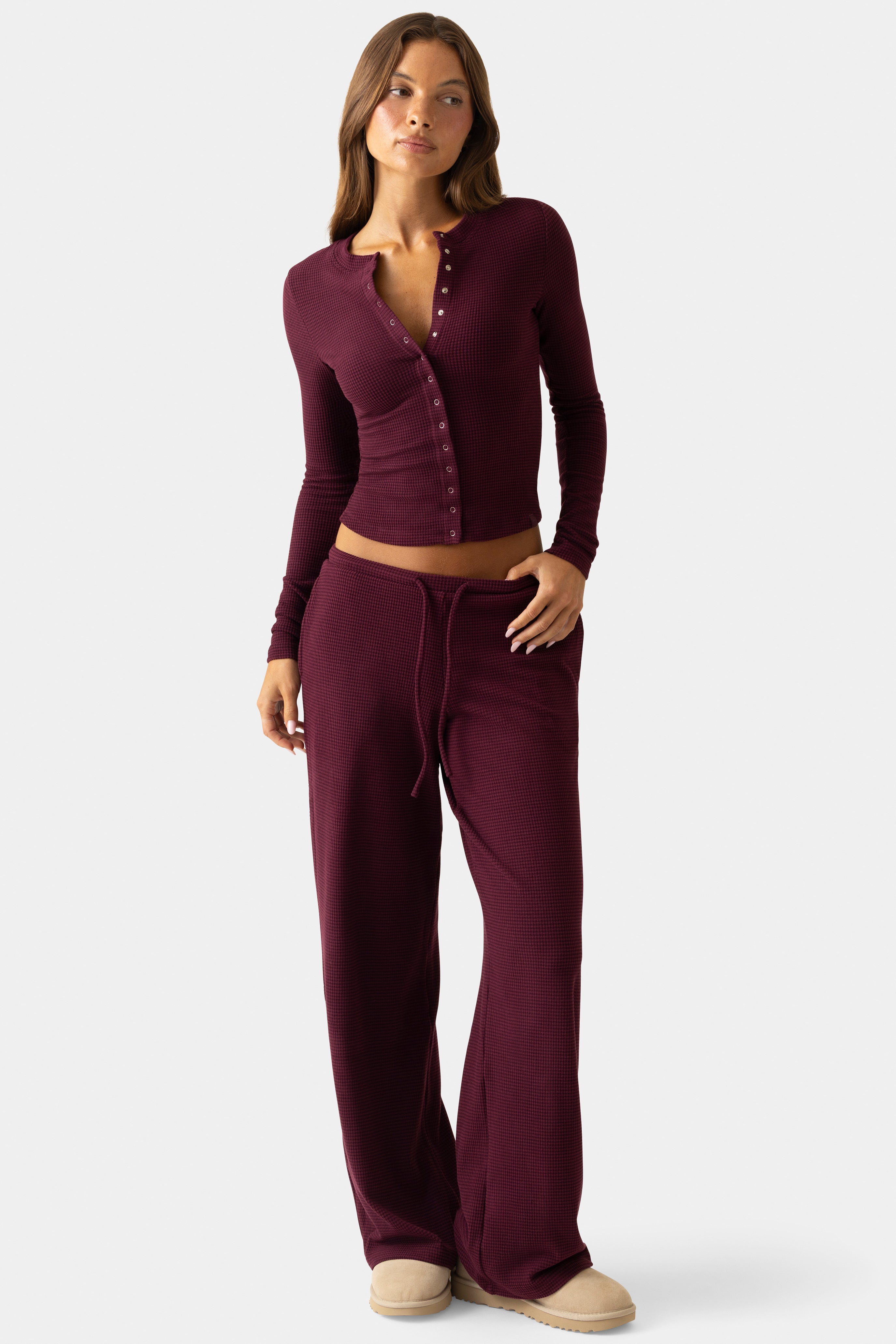Oh Polly Bo+Tee Ribbed Jersey Cardigan gilet Plum côtelé