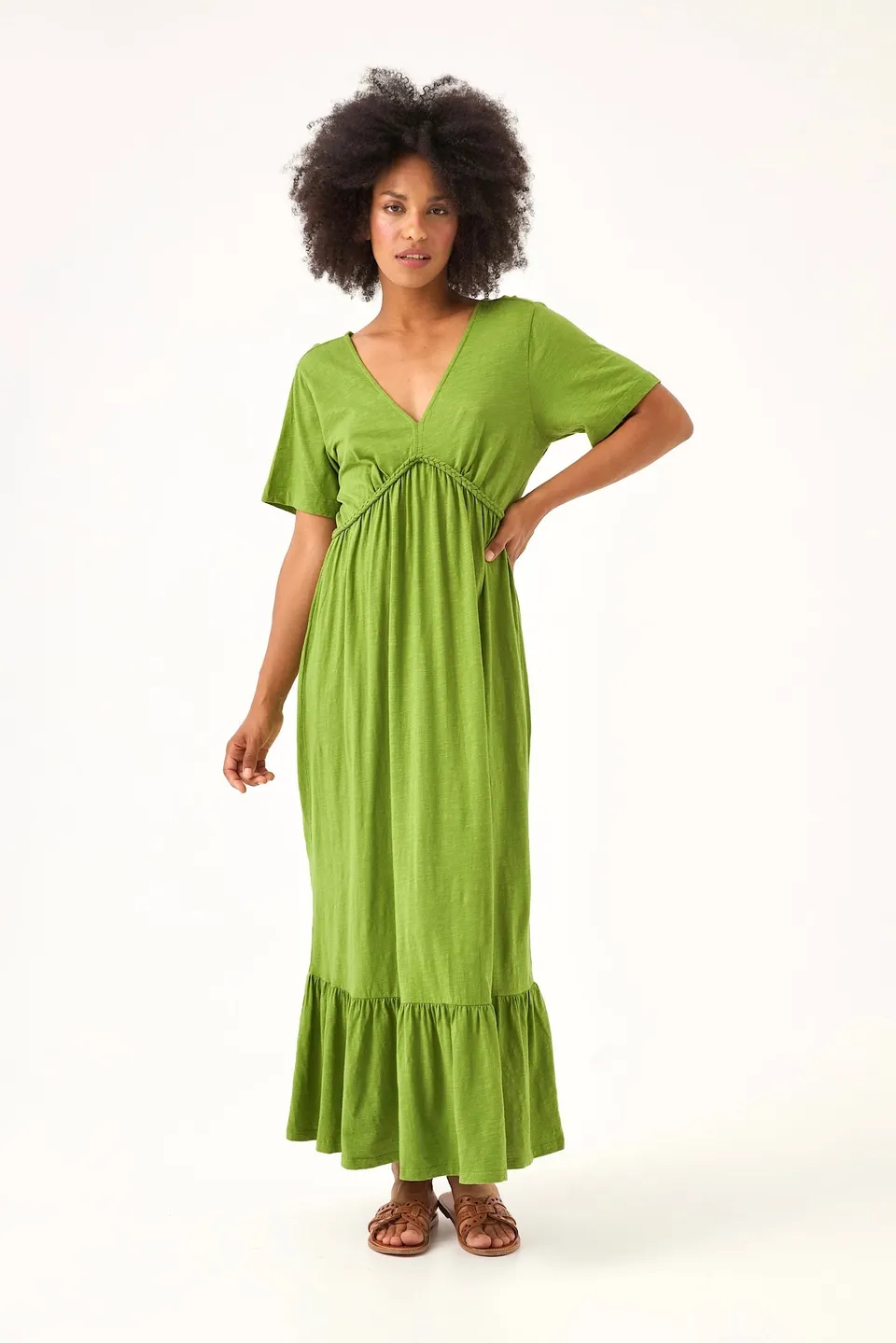 Chicosoleil Leona robe longue vert péridot col V coton