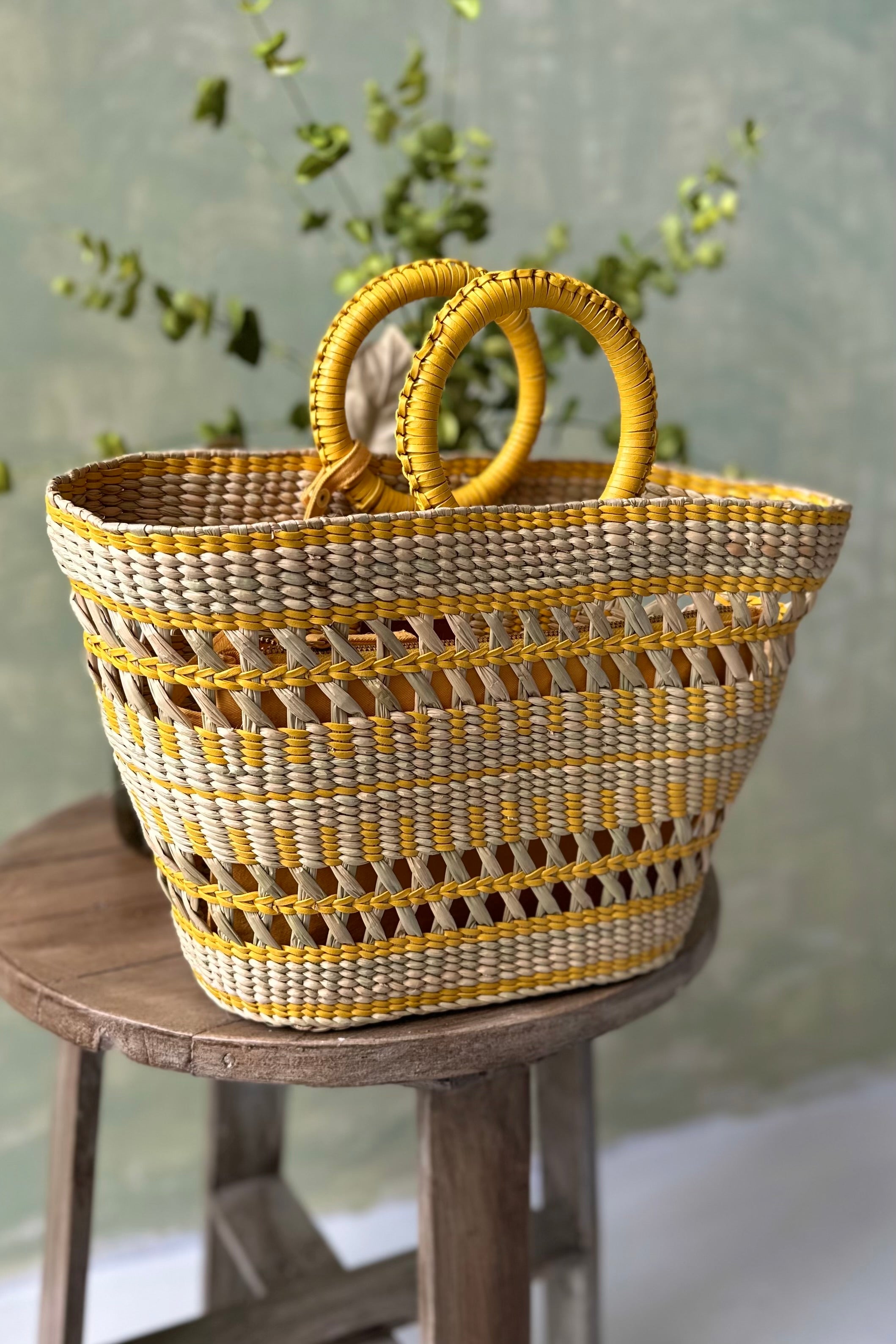 Chicosoleil Leather panier osier cuir jaune