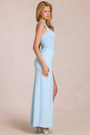 Oh Polly Zalia robe longue dentelle bleu poudre fendue