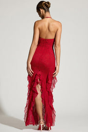 Oh Polly Embellished 8109 Robe Maxi Rouge Perles Col Licou