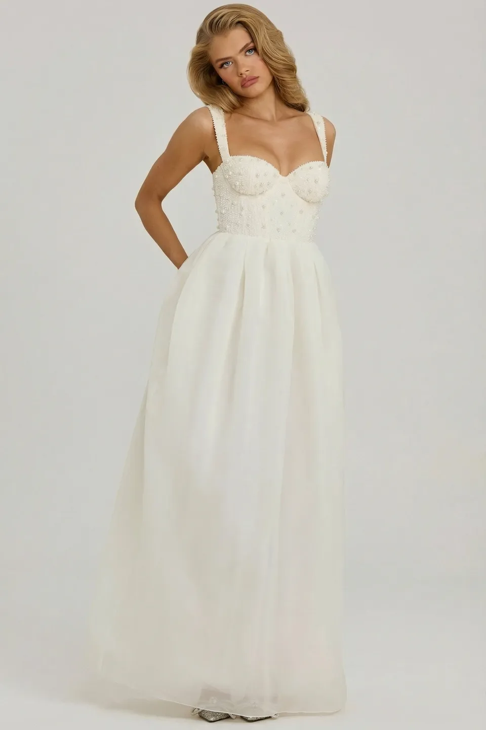 Oh Polly Delancey robe longue blanche perles corset
