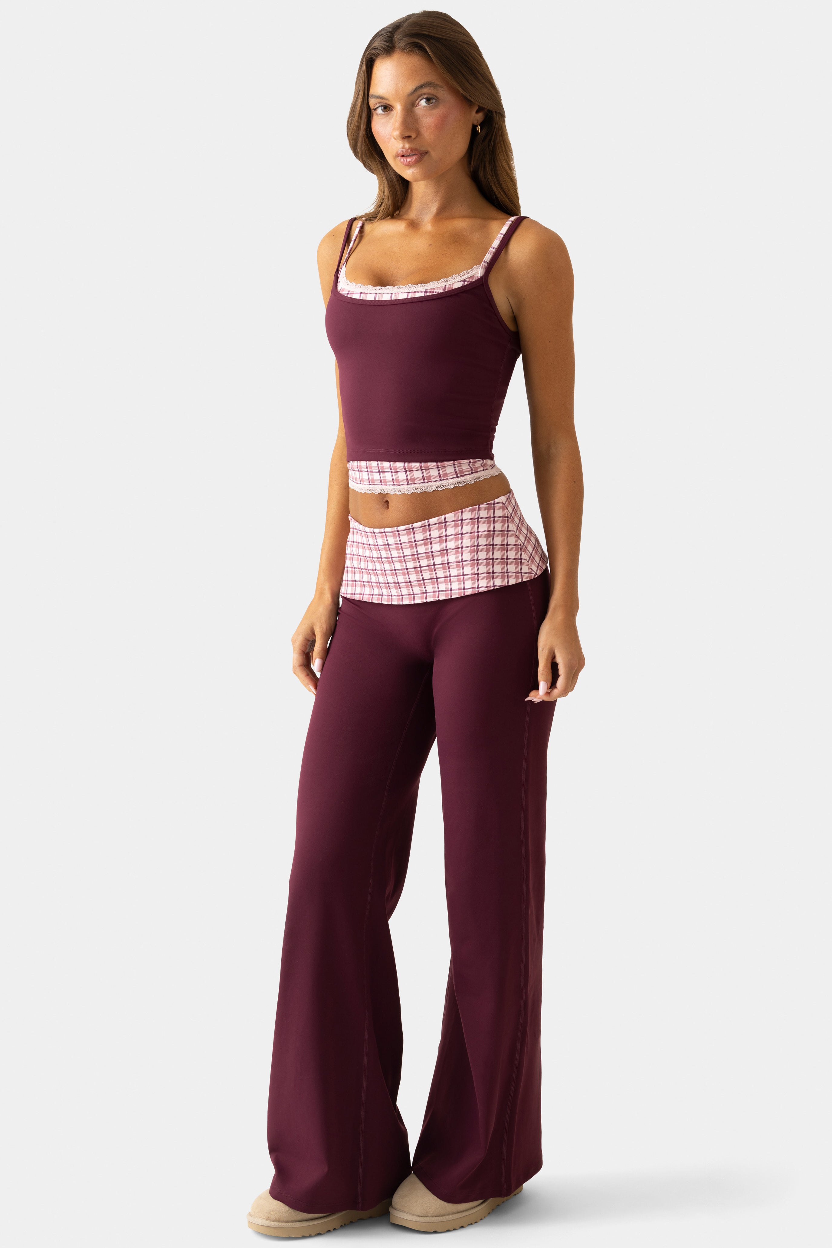 Oh Polly Bo+Tee pantalon large sport prune taille basse