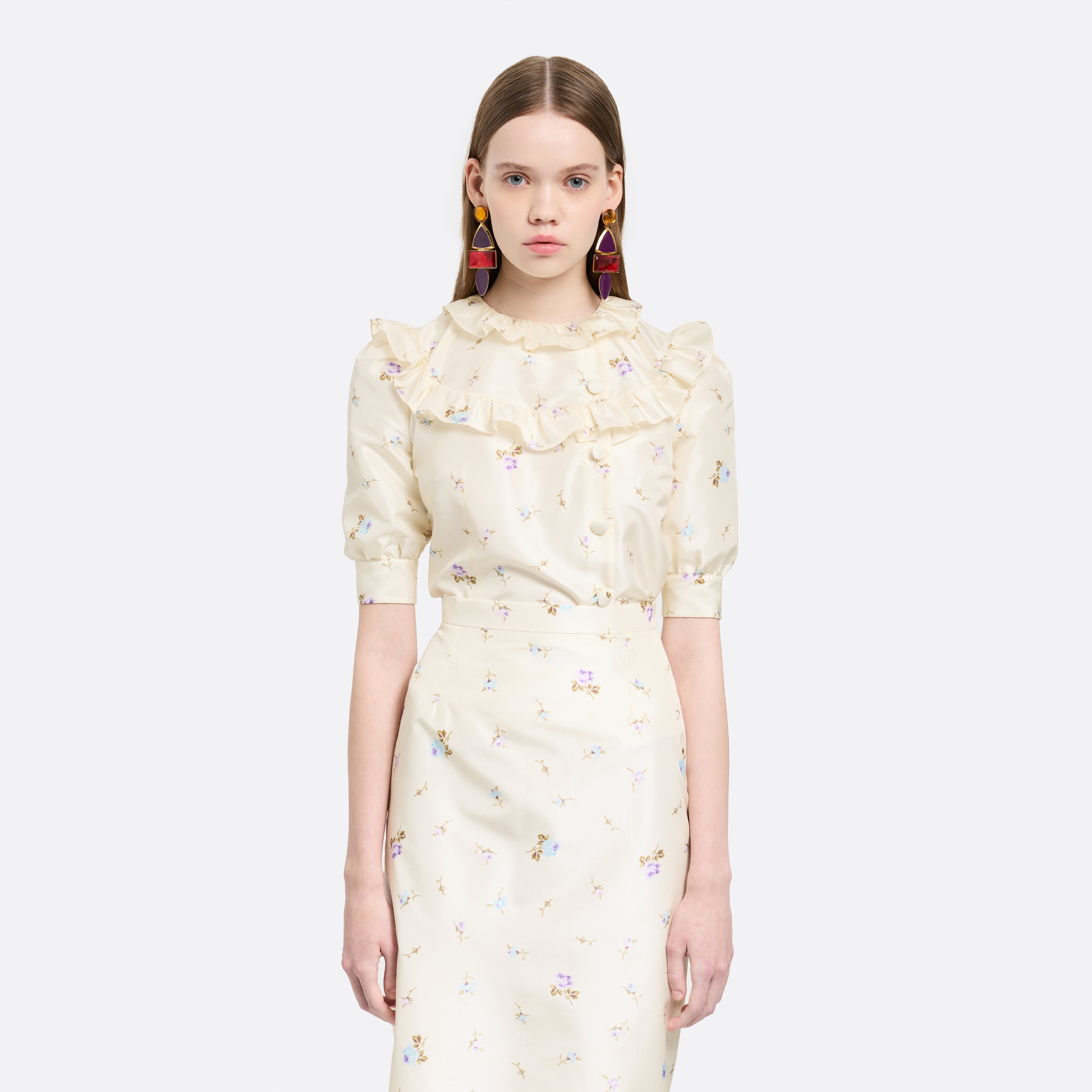 Alessandra Rich Blouse soie taffetas fleurie blanc multi