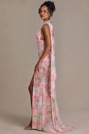Oh Polly 15739 robe maxi rose fleurie strass foulard