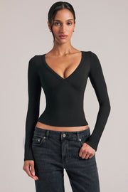 Oh Polly Tops 15988 top noir col V manches longues