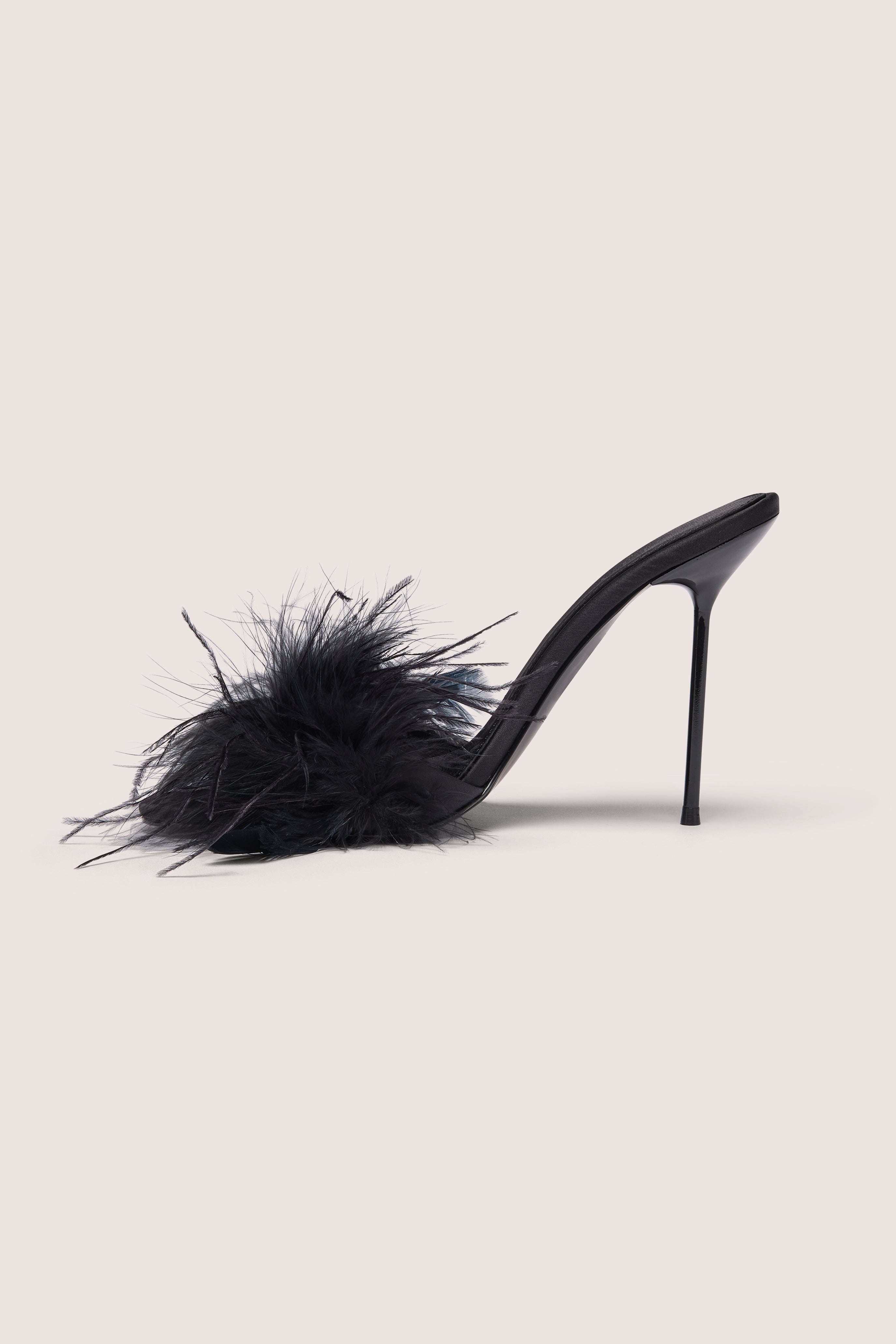 Oh Polly Kirlia mule satin talon noir plumes 11,5 cm