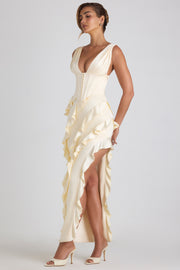 Oh Polly Ambrosia robe maxi ivoire satin corset fente