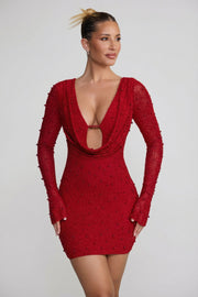 Oh Polly Nice robe mini strass rouge manches longues