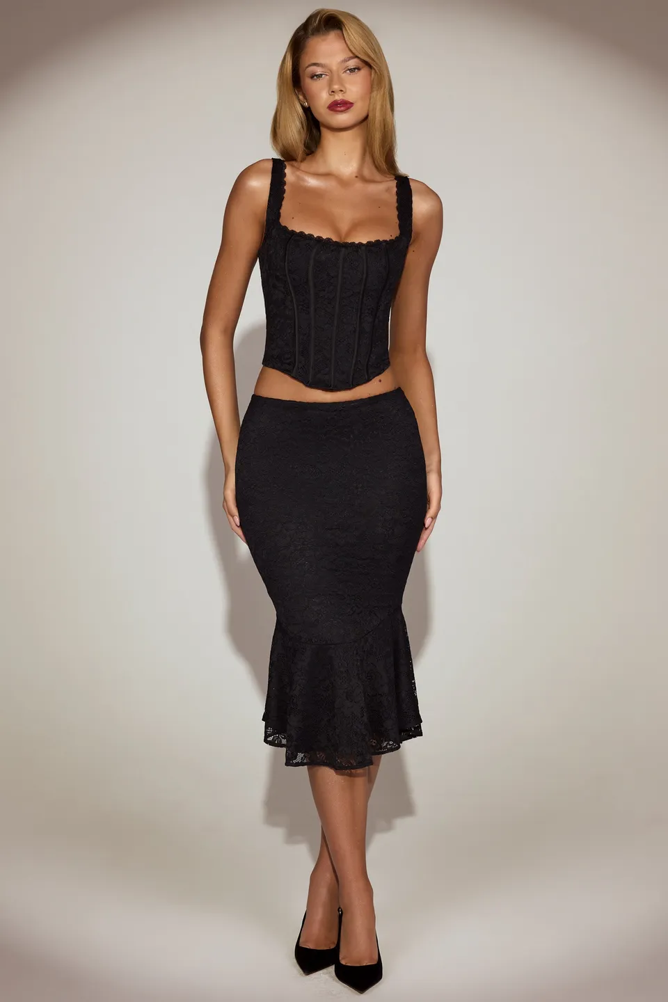 Oh Polly Fjolla jupe midi dentelle noire sirène
