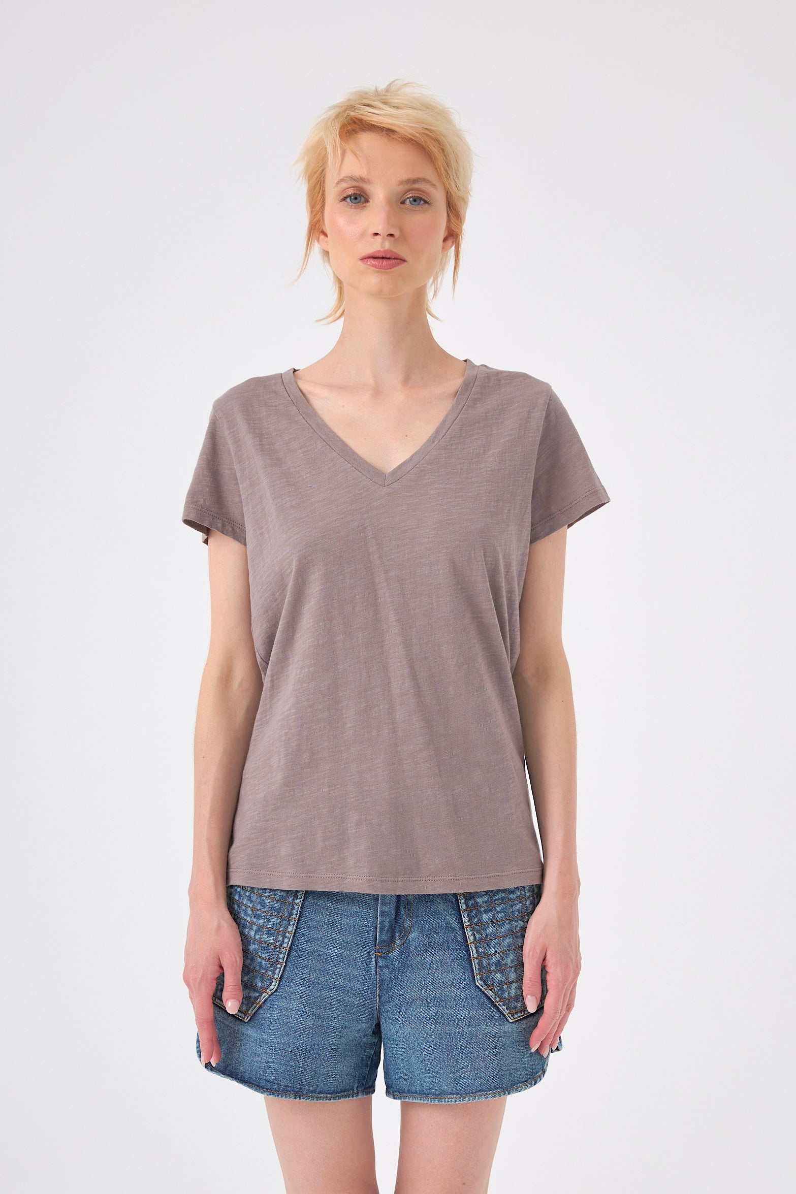 Chicosoleil Roxane Tee-shirt col V gris stoneware S coton