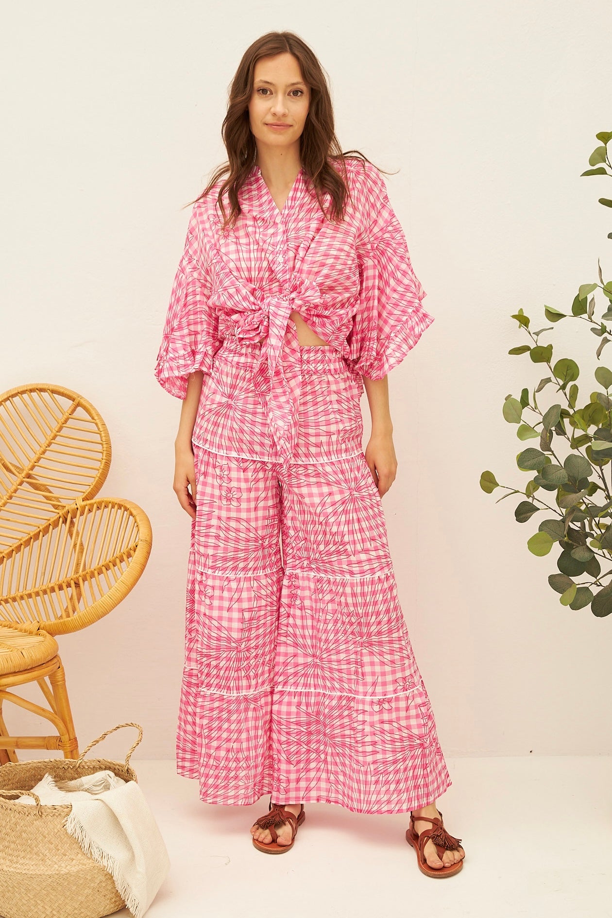 Chicosoleil Barclay pantalon large vichy bohème rose coton