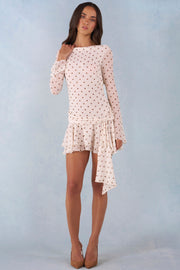 Oh Polly Dresses Mini Robe Ivoire Pois Dos Nu Manches Longues