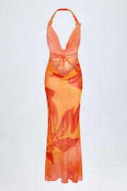 Oh Polly Taveuni robe maxi orange imprimé orchidée