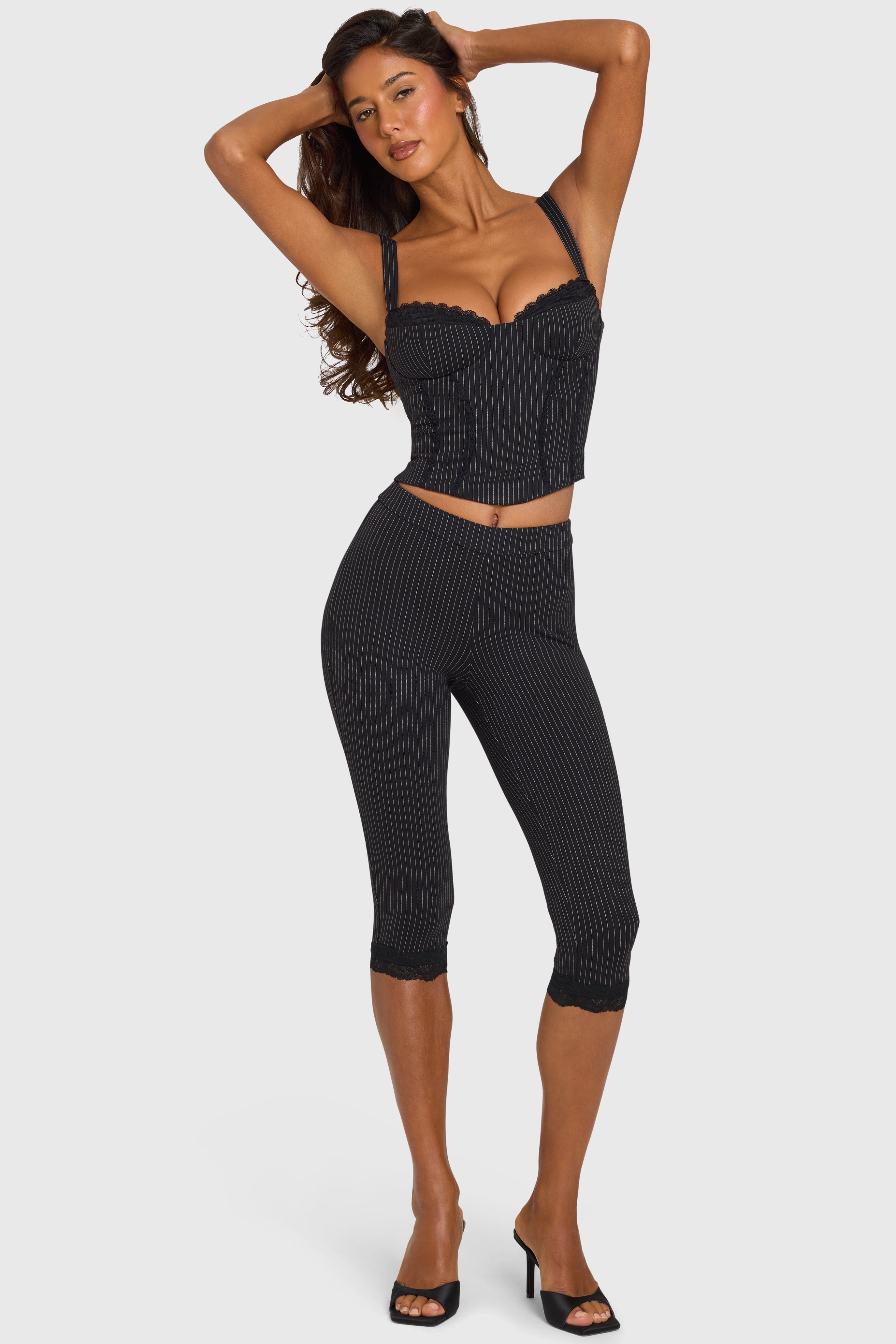 Oh Polly Amren legging capri ponte noir rayé dentelle