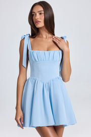 Oh Polly Draped Corset Mini Robe Bleu Ciel Satin Dos Lacé