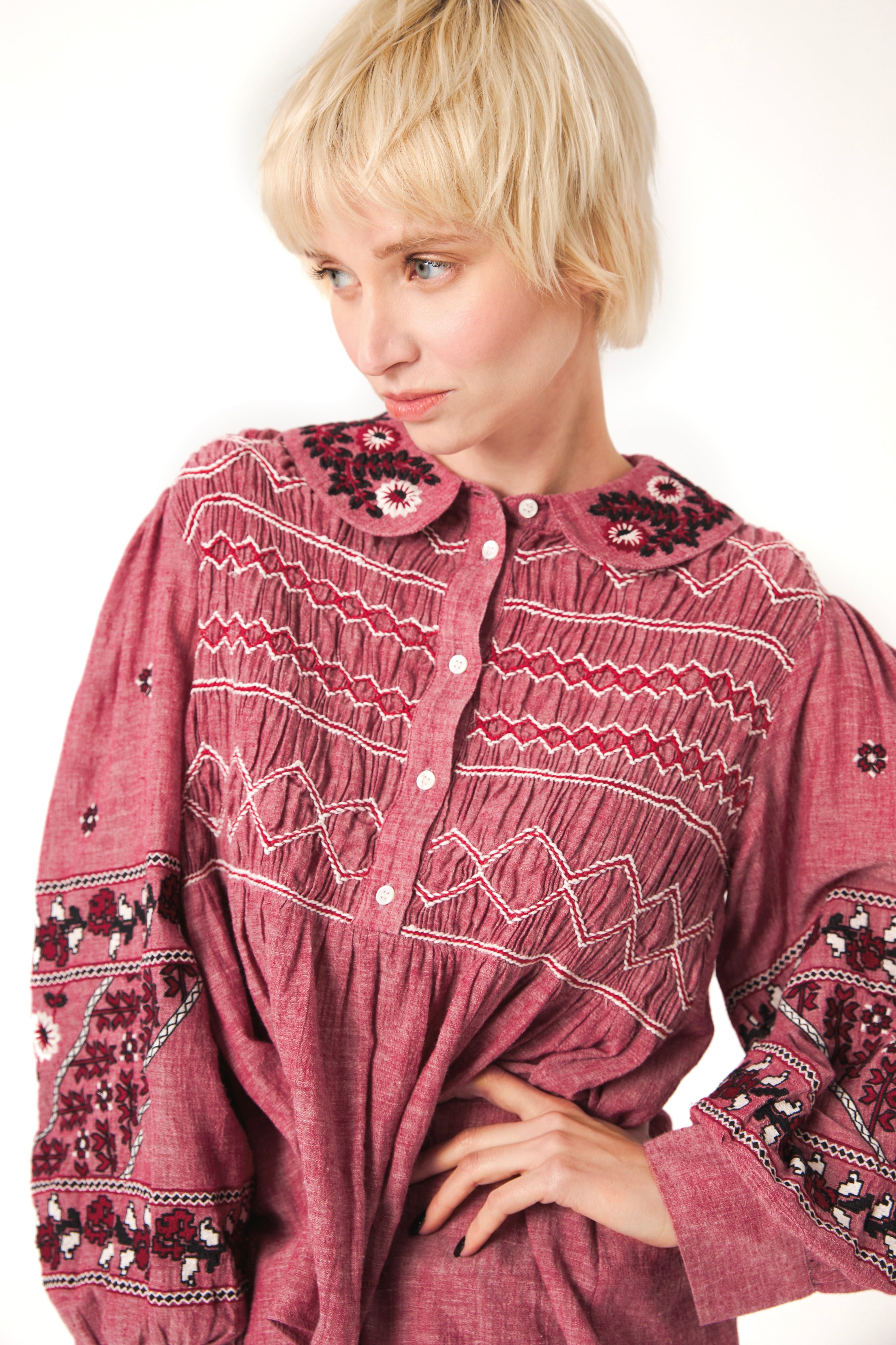 ChicoSoleil Miroki blouse coton brodée vieux rose