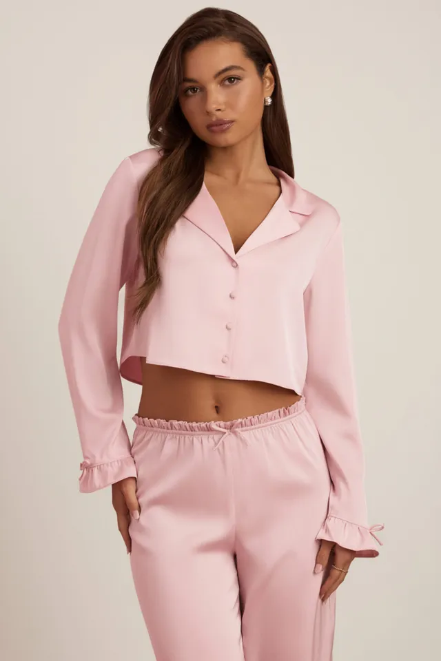 Oh Polly Tops Aimi haut pyjama rose satin volants