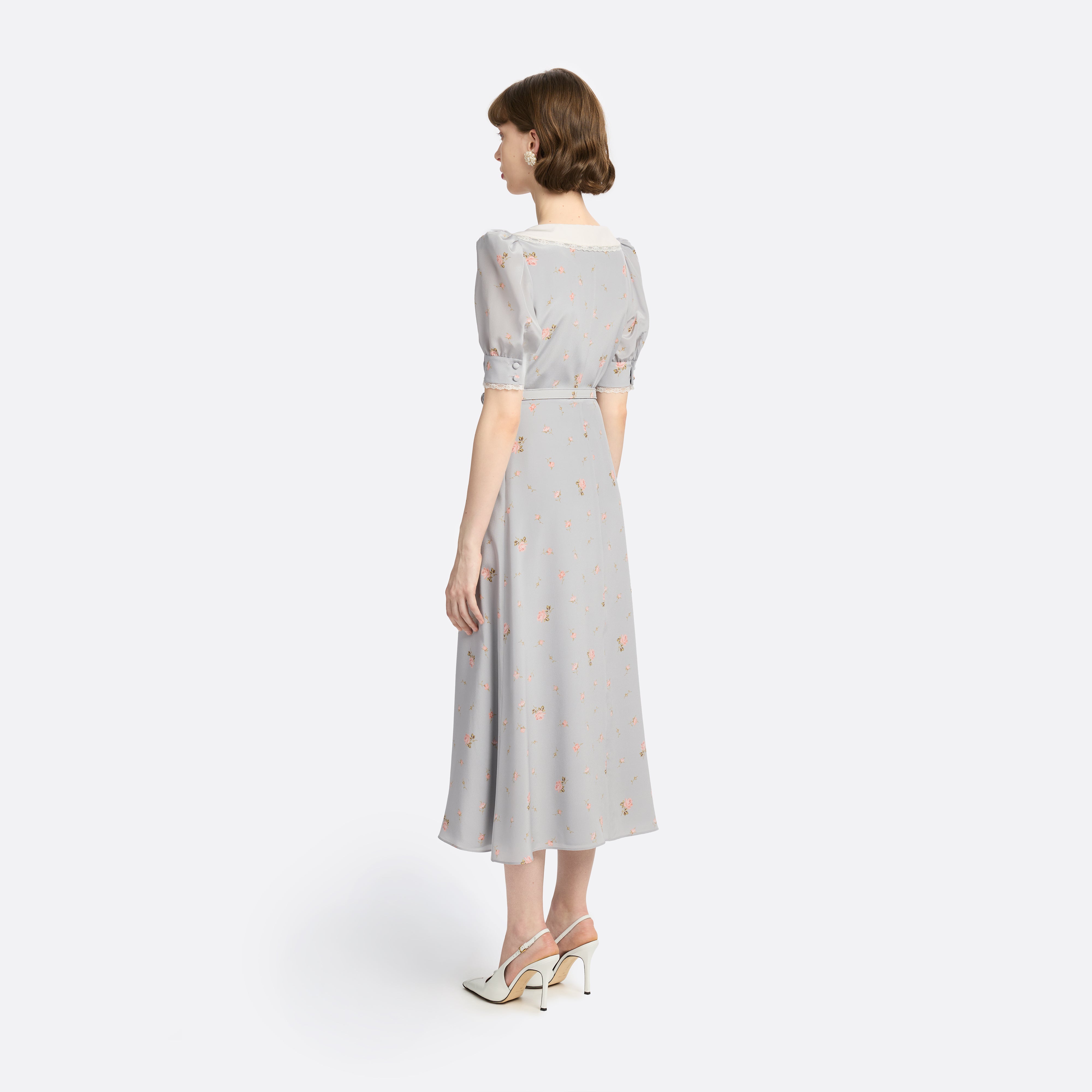 Alessandra Rich Floral Silk Midi robe soie gris rose taille 40