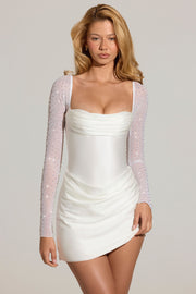Oh Polly 15907 robe mini drapée blanche manches strass
