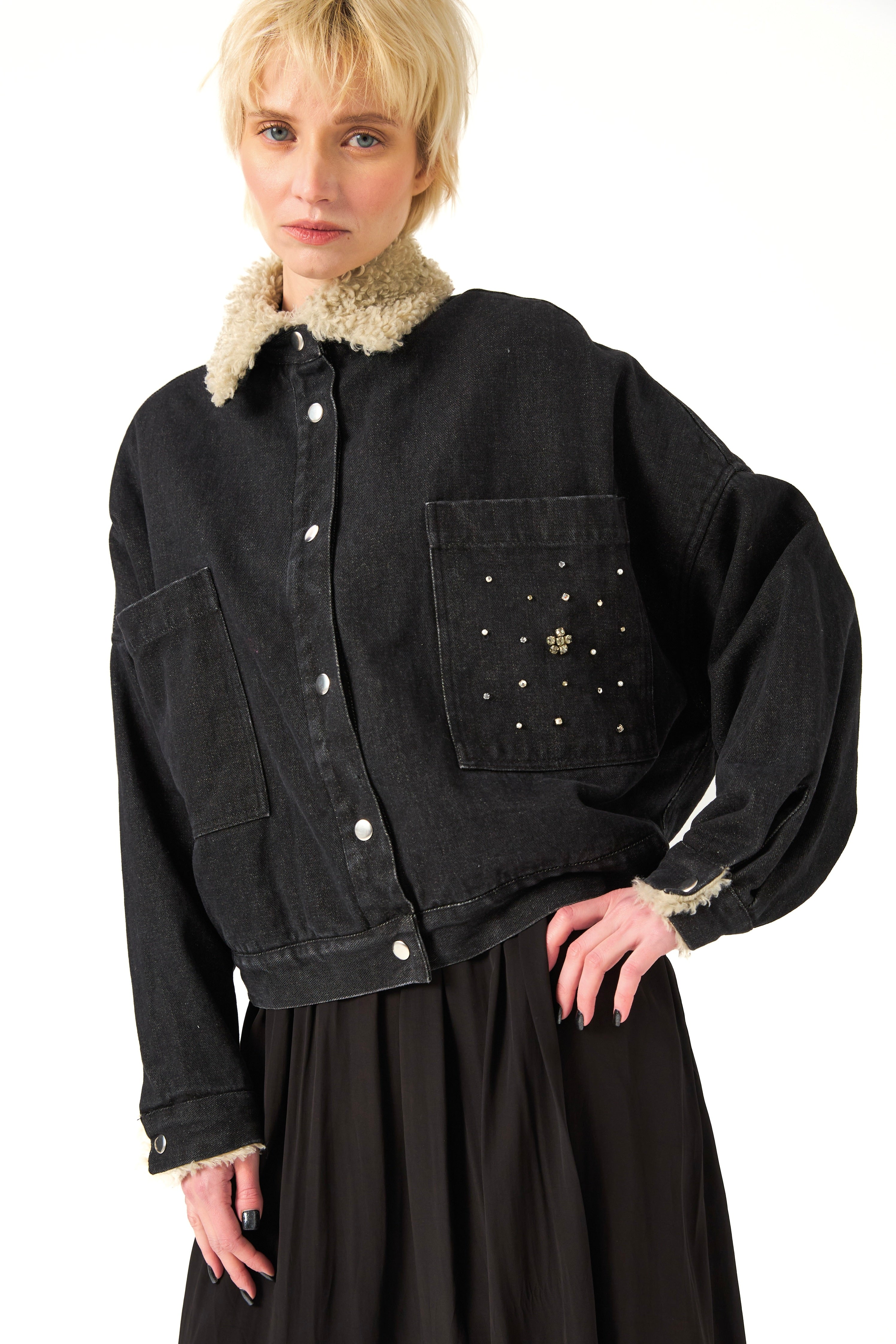 Chicosoleil Yuma veste aviateur noir denim fourrure