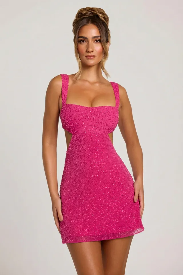 Oh Polly Emilion 7424 mini robe fuchsia perlée dos nu
