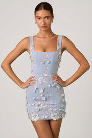 Oh Polly Briar Appliqué Corset Mini robe satin bleu ciel fleurs