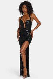 Oh Polly Embellished Sansel robe longue noire sequins