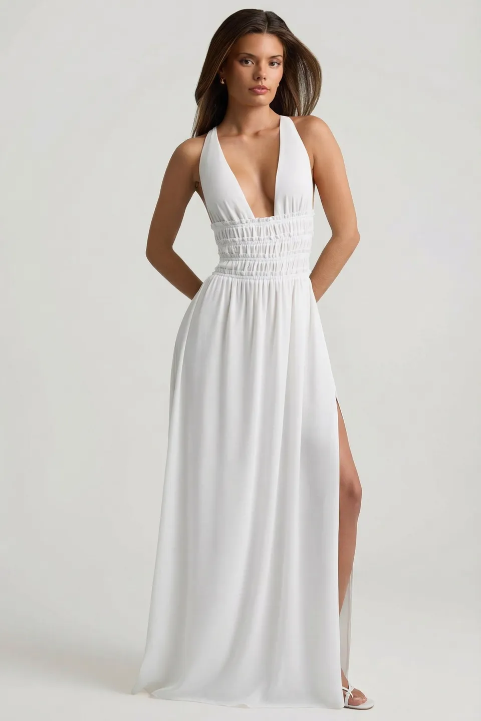 Oh Polly Dresses Robe Pryana Blanche Maxi Plongeante