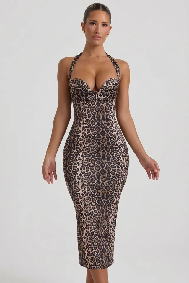 Oh Polly Ismay 12766 robe midi léopard satin moulante