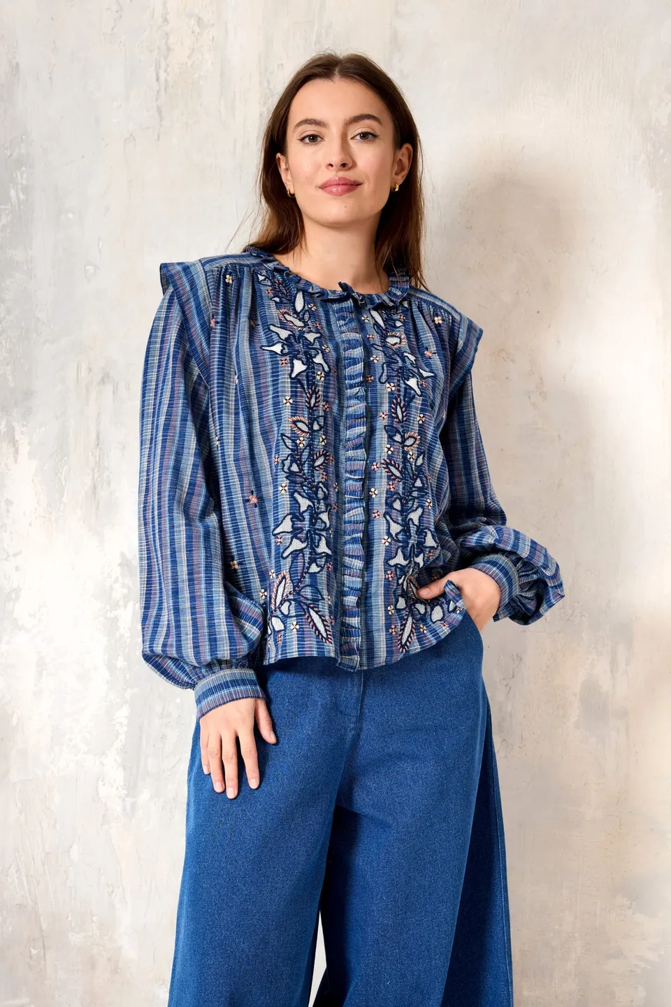 Chicosoleil Adriel chemise coton bleu carreaux brodée XS-XL