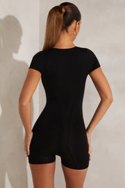 Oh Polly Bea Unitard Noir - Bodysuit Col Carré Manches Courtes