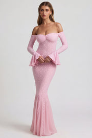 Oh Polly Verena robe maxi rose dentelle épaules nues
