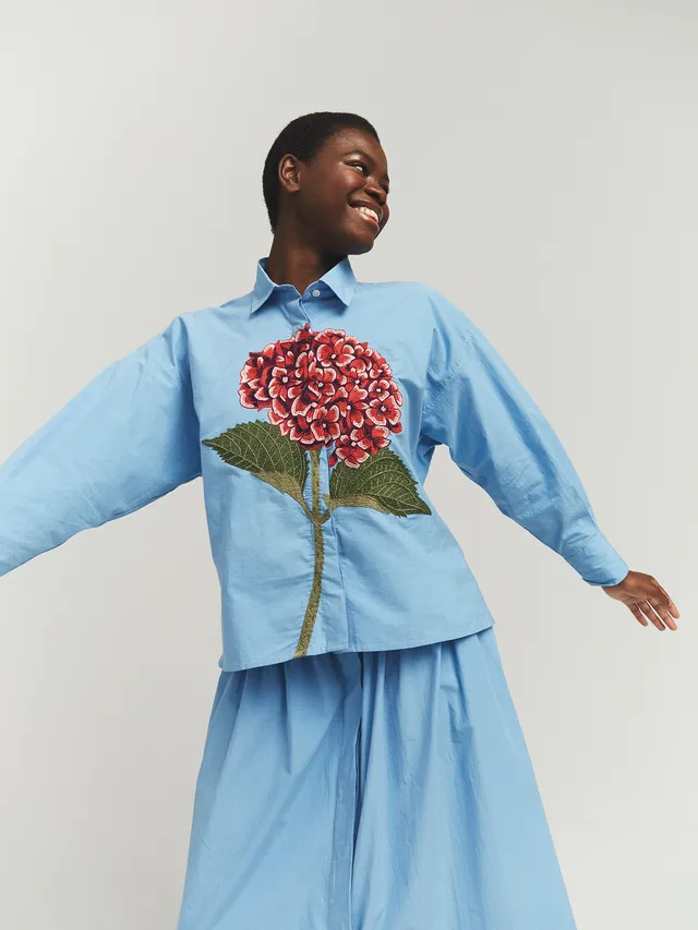 MII Greta L'Hortensia chemise femme coton brodée bleu