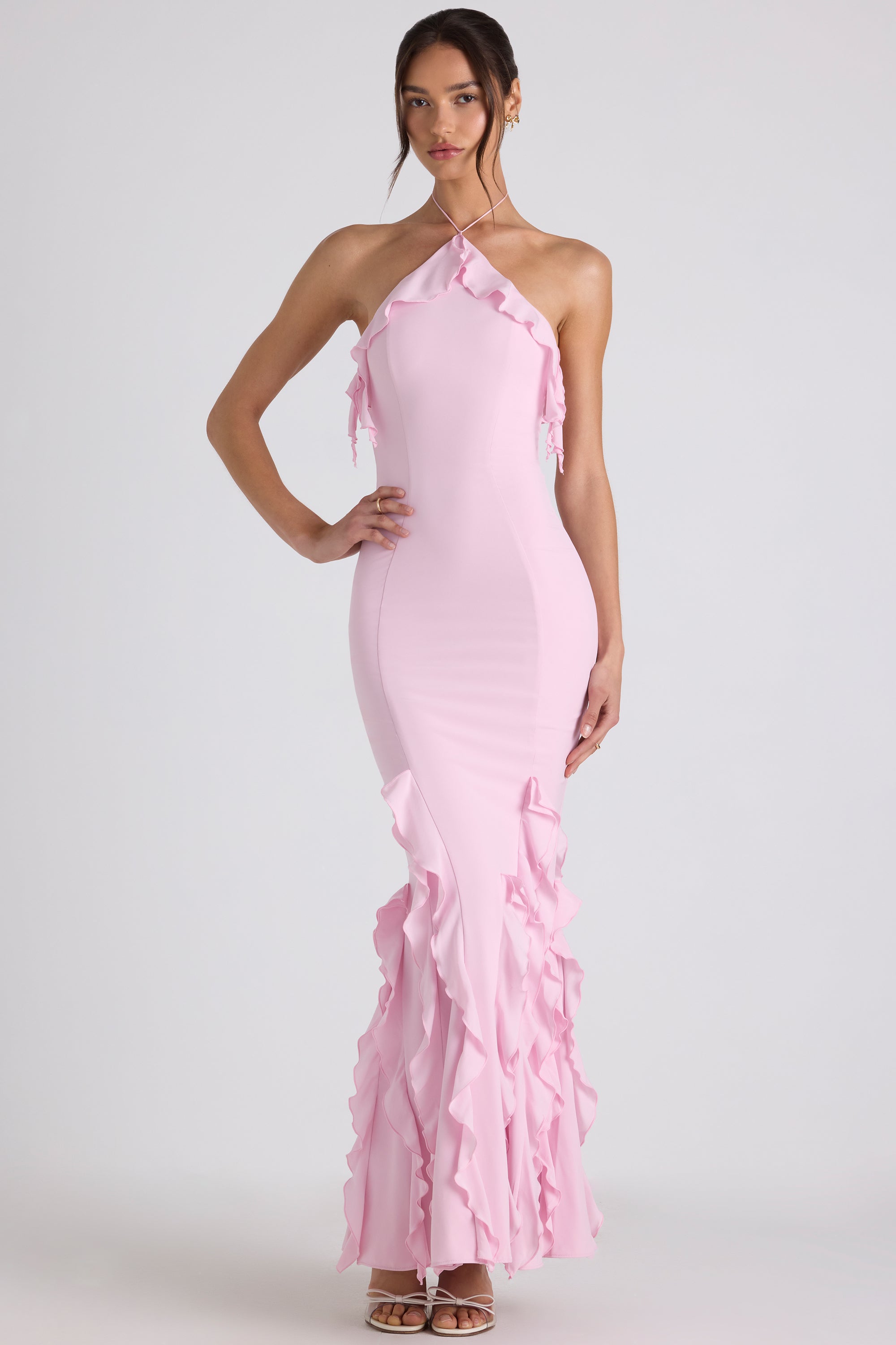 Oh Polly Mireya robe longue rose volants sirène