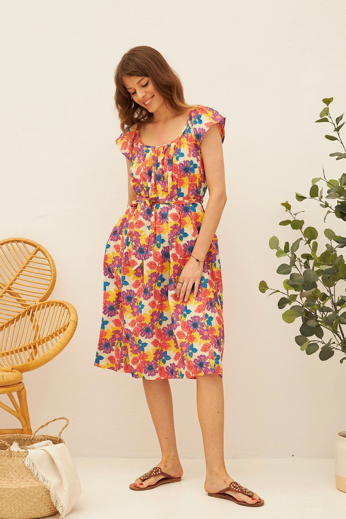 Chicosoleil Camilla robe écru Fleurs Jaipur midi coton