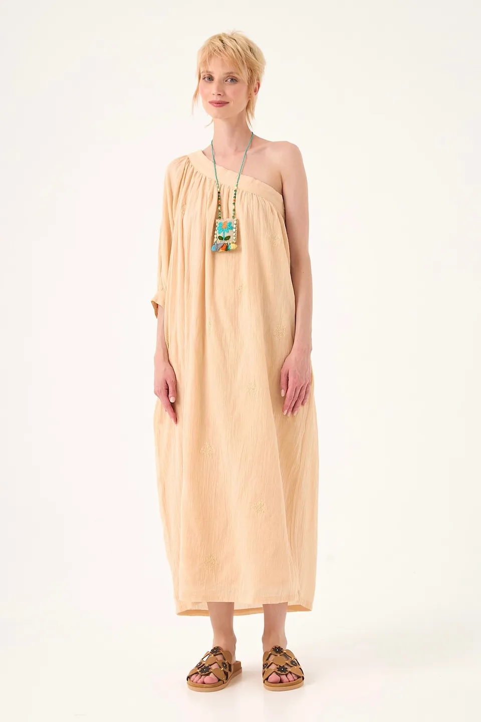 Chicosoleil Nahla robe longue beige sève brodée coton