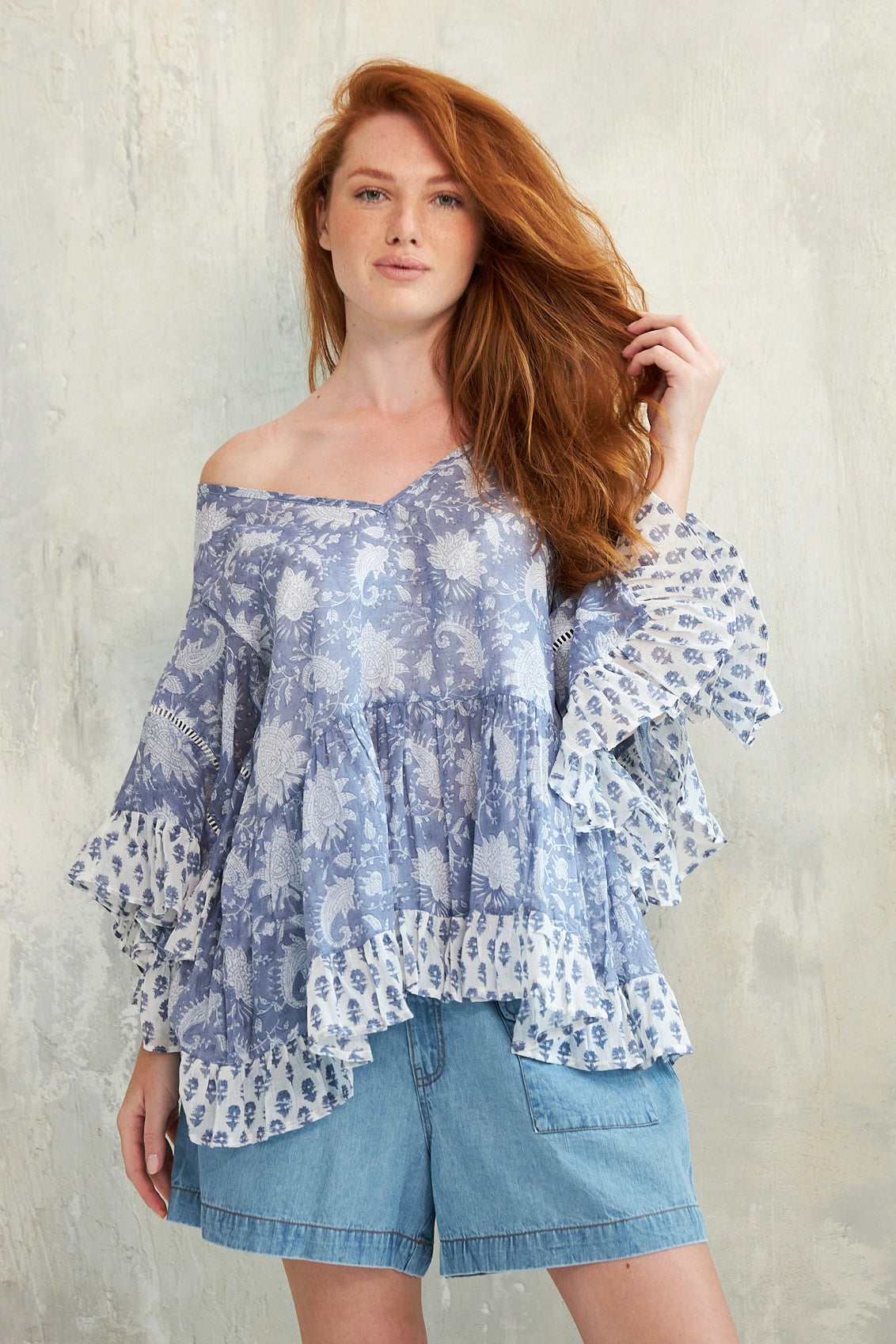 CHICOSOLEIL Pegan top bleu floral block print coton S/M