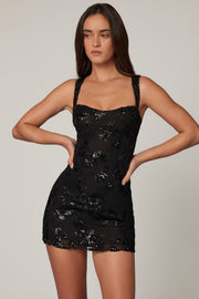 Oh Polly Adia 7424B robe noire mini sequins fleurs